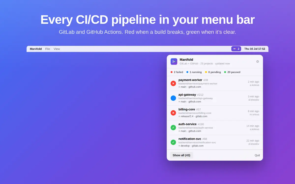 ManifoldCI - Pipelines Monitor for Mac image number 01