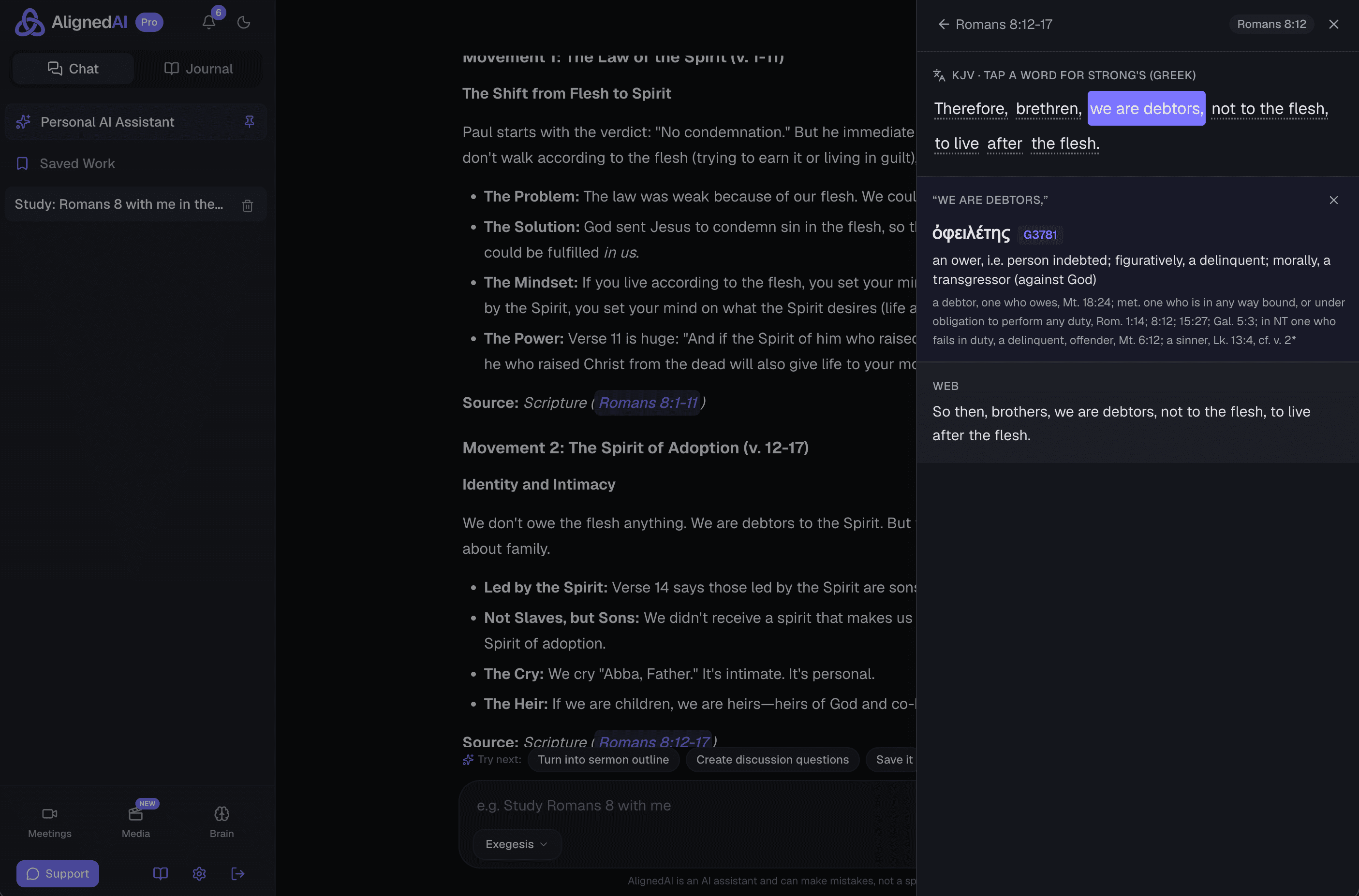 Before any chat starts, AlignedAI asks which denomination and Bible translation to answer from.
