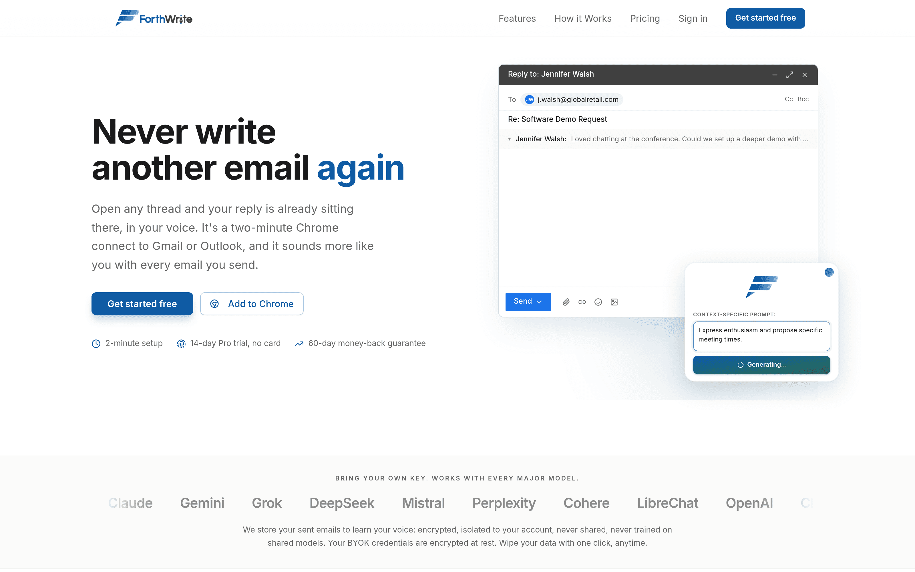 The ForthWrite home page: the pitch is a two-minute Chrome connect to Gmail or Outlook.
