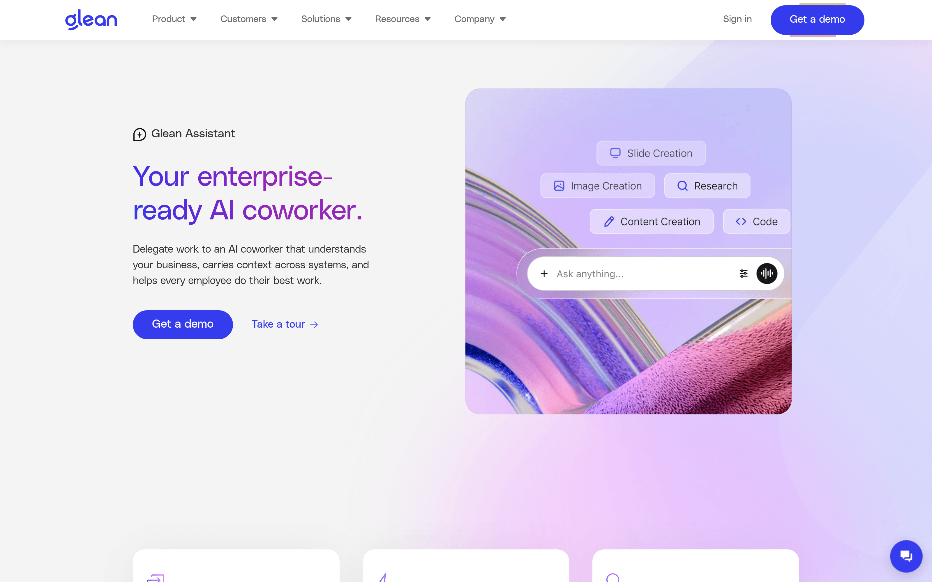 The Glean Assistant page, with the mocked-up prompt bar and its Slide Creation, Image Creation, Research, Content Creation and Code chips.