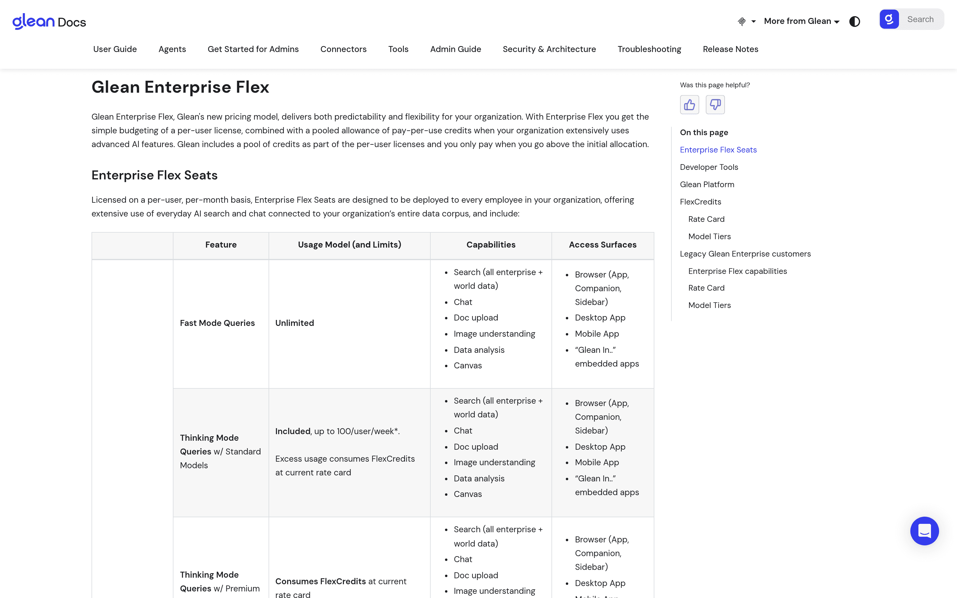 Glean's public Enterprise Flex documentation, showing what a per-user seat includes and which capabilities consume FlexCredits.