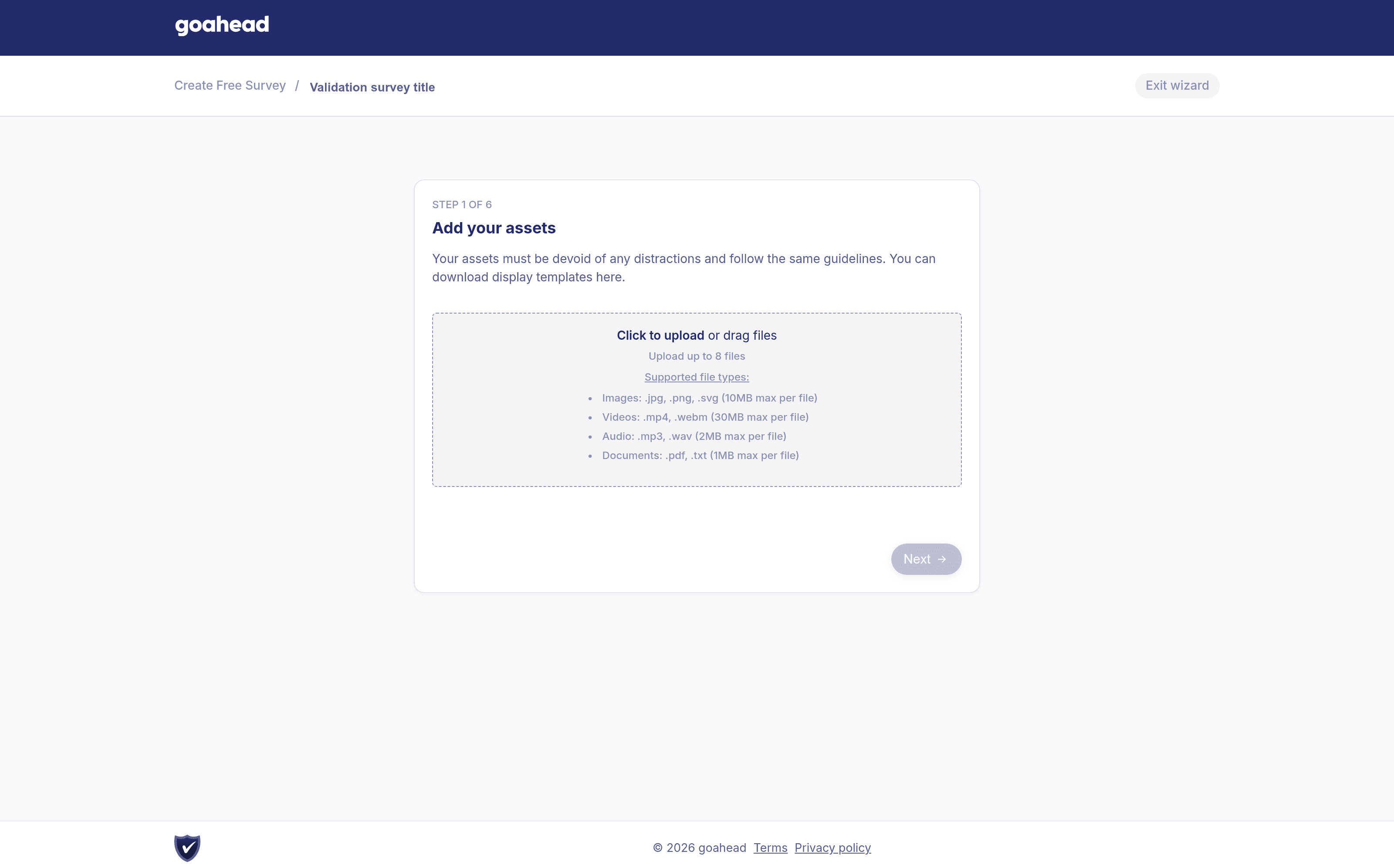 Step 1 of the free survey builder: drag in up to 8 assets, with per-file-type size limits stated up front.