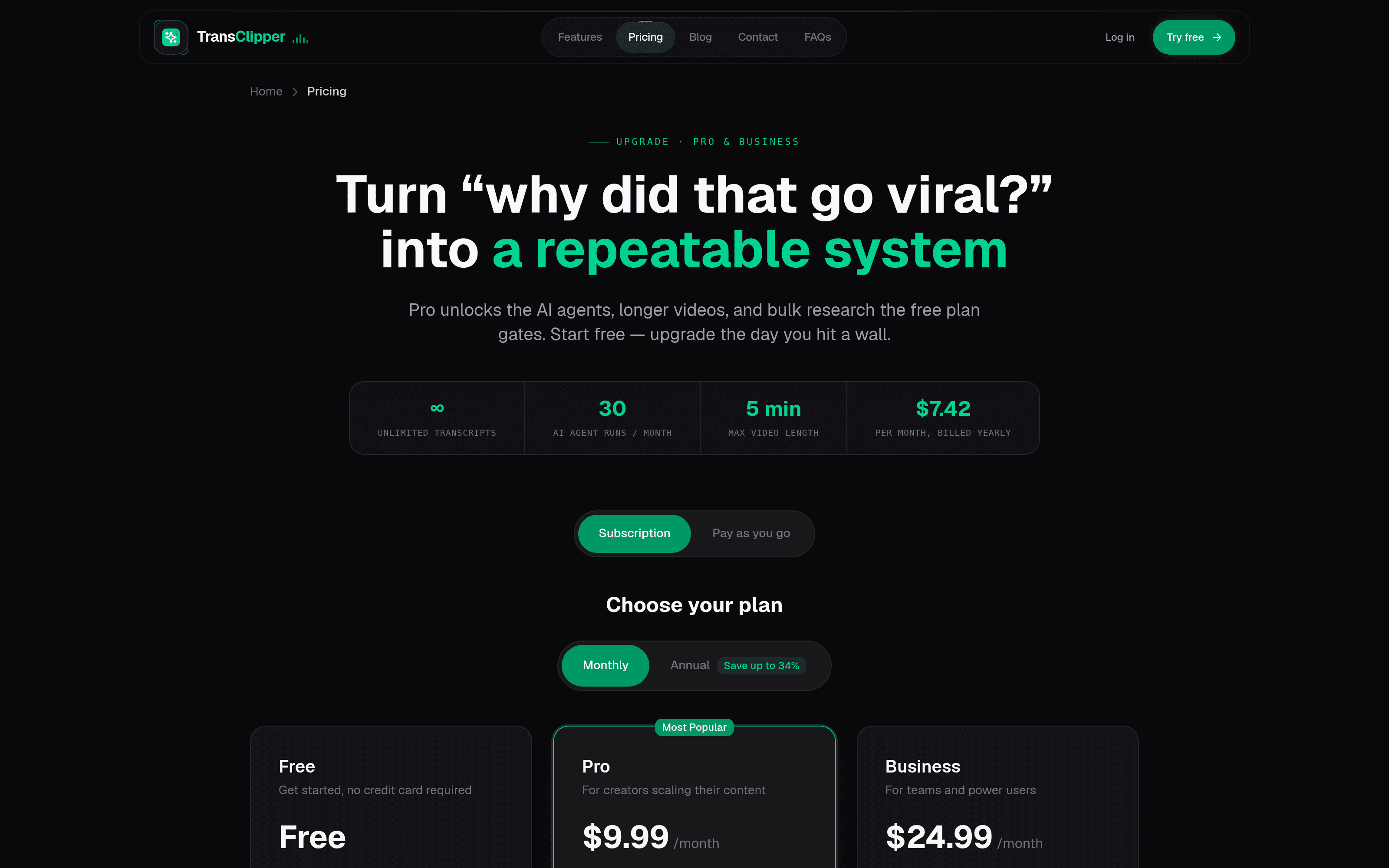 The pricing page in its monthly view, with Pro at $9.99 and Business at $24.99, and a Pay as you go tab above them for buying credits instead of a plan.