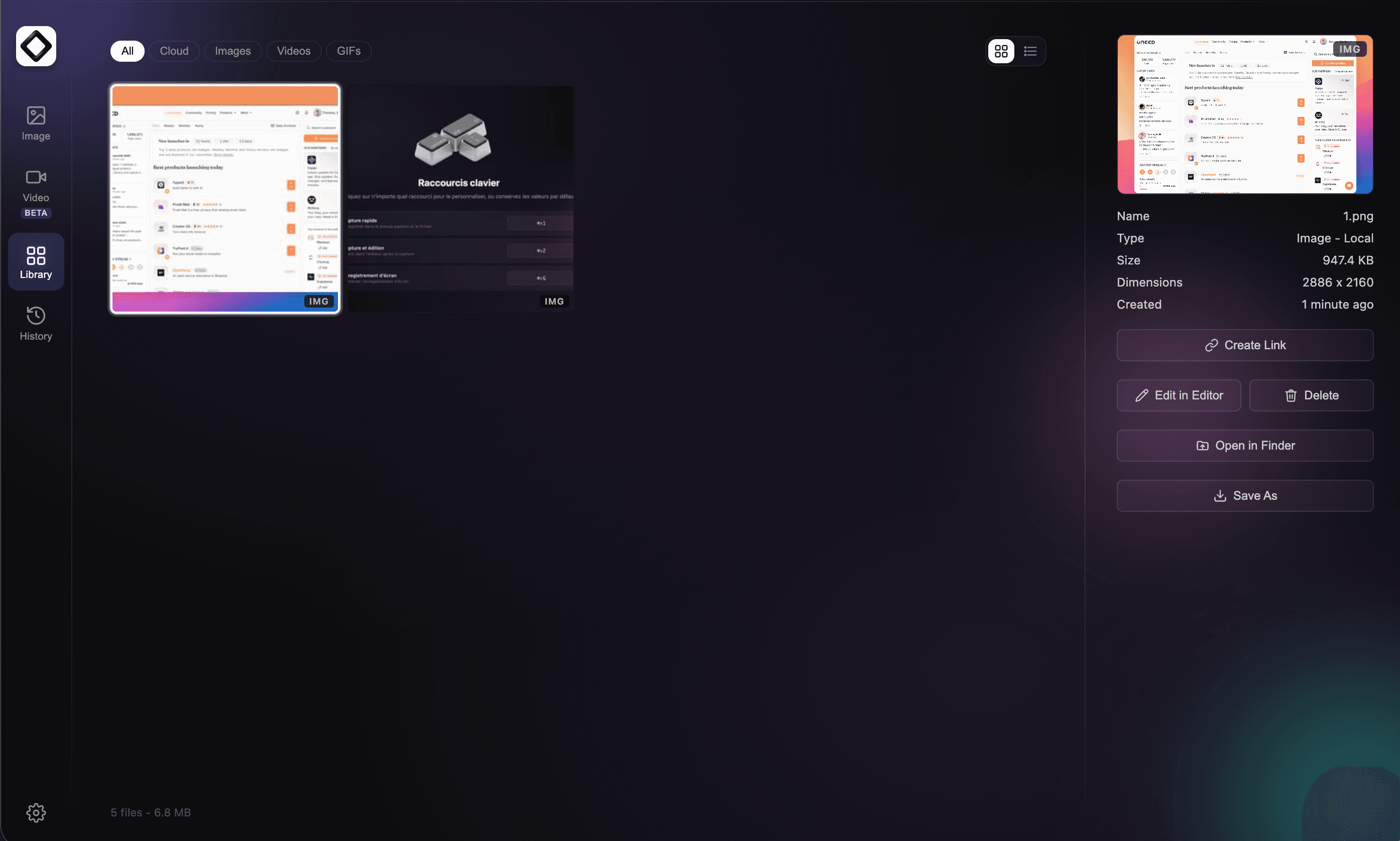 The Library holds every capture (images, videos, and GIFs), with a Create Link button for sharing and one-click editing.