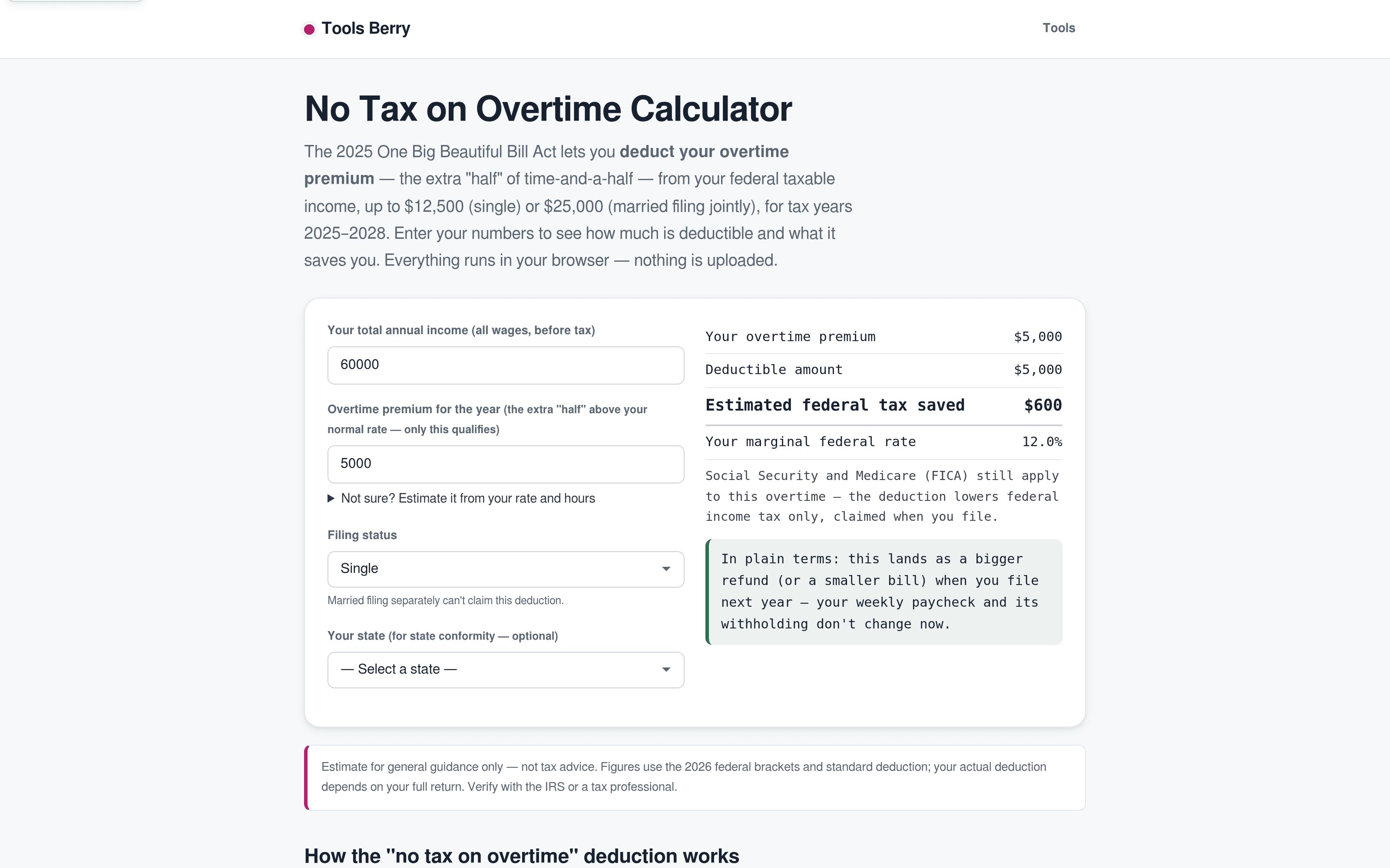 The overtime calculator: the field label itself tells you only the premium qualifies, and the notes spell out that FICA still applies and your paycheck won't change.